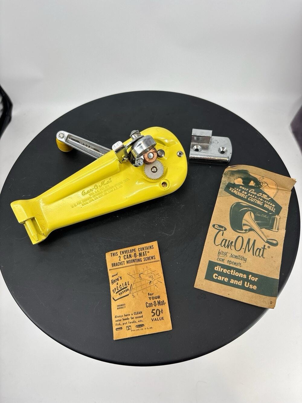 Vintage Rival Can-O-Mat Can Opener Yellow In Box With Screws And Wall Bracket